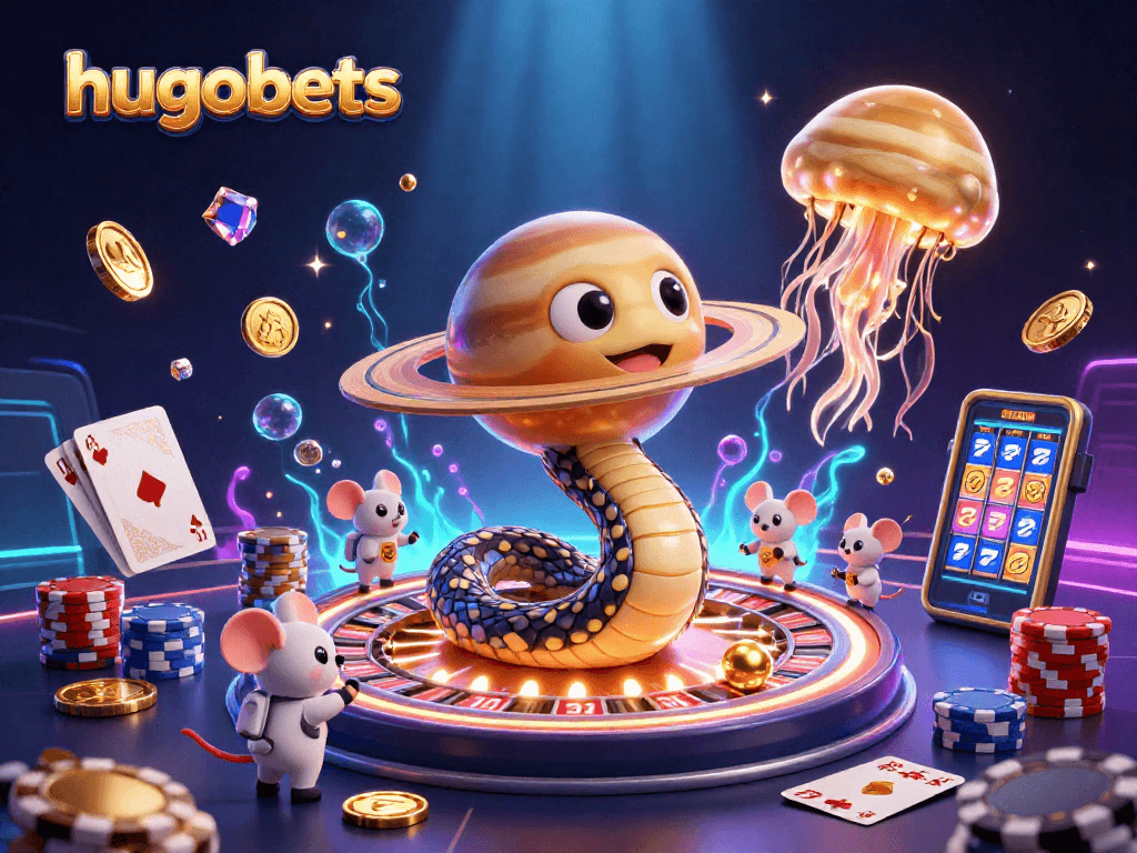 Engage with hugobets in an exciting cosmic casino scene filled with vibrant characters and game elements.