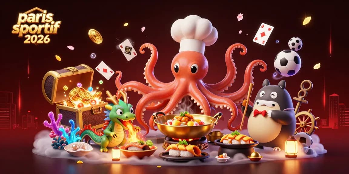 Engage with the unique world of paris sportif crypto 2026 featuring a sushi chef octopus, fiery dragon, and animated betting elements.