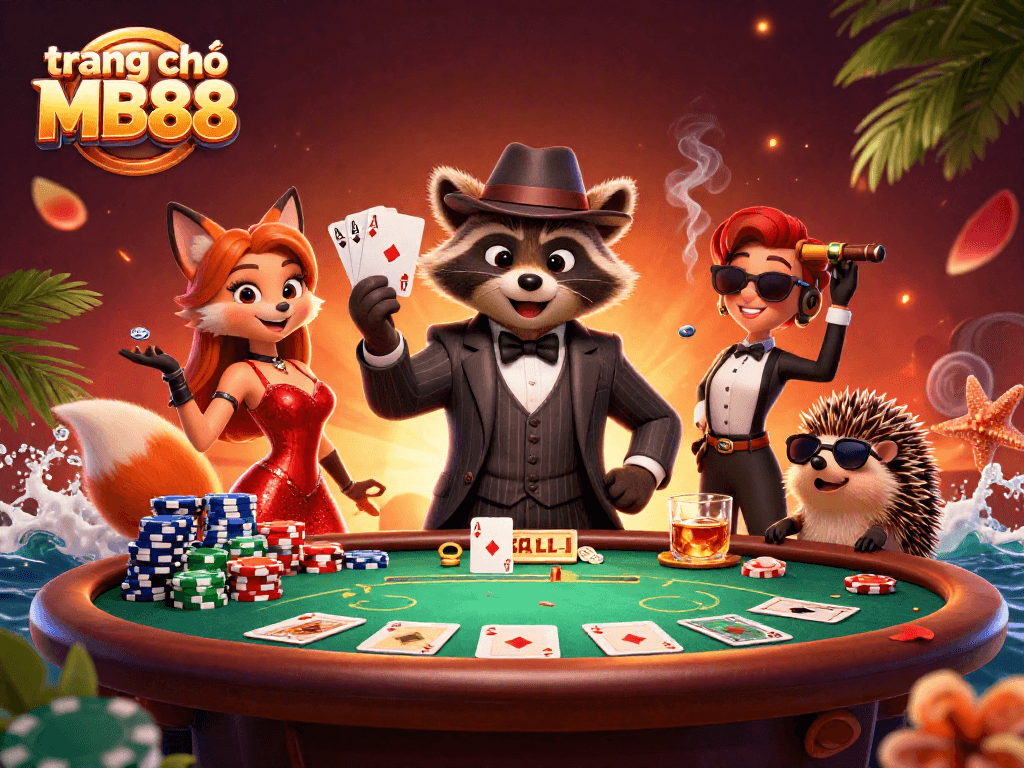 Win big at trang chủ MB88 with the playful raccoon, fox lady, and hedgehog in this vibrant casino scene.