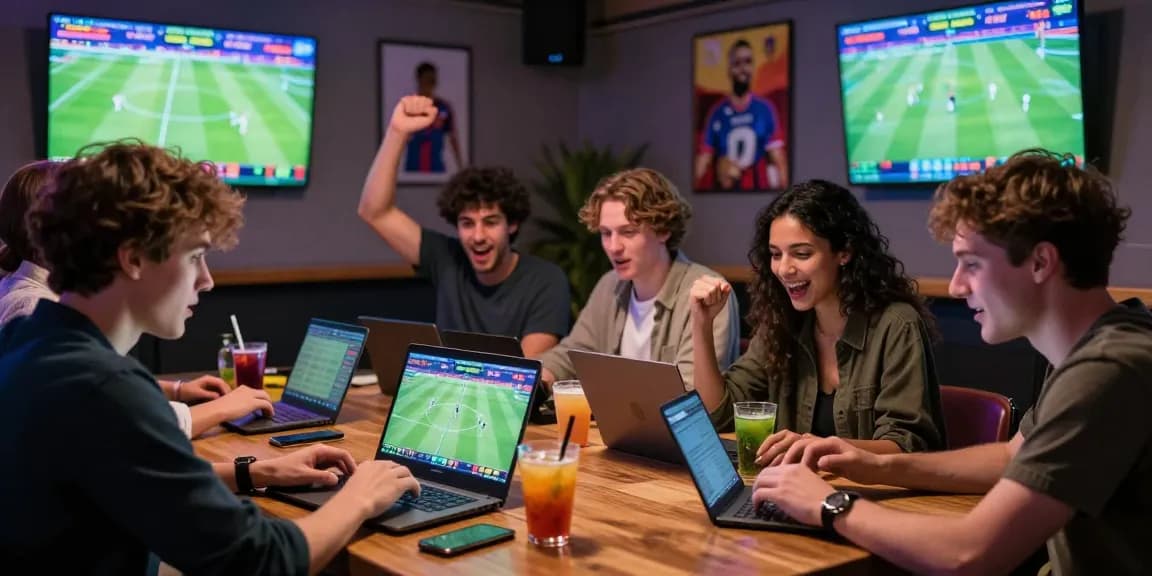 Ambiance de paris sportif crypto 2026, groupe d'amis pariant sur un match en direct, ordinateurs et écrans lumineux, environnement joyeux.