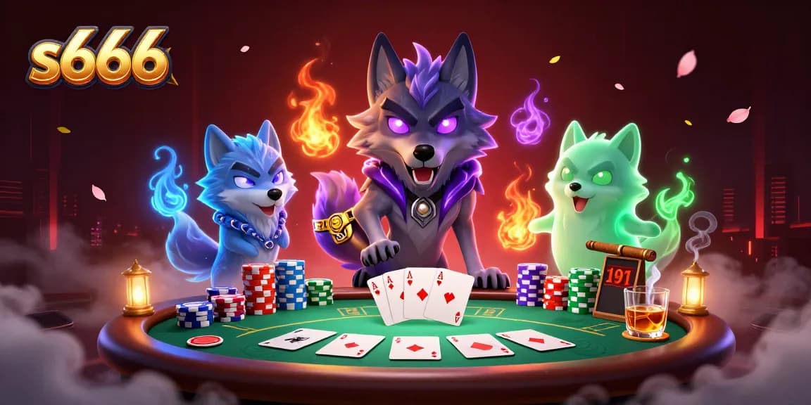 s666 players competing at a vibrant poker table with dramatic lighting and dynamic poker elements.