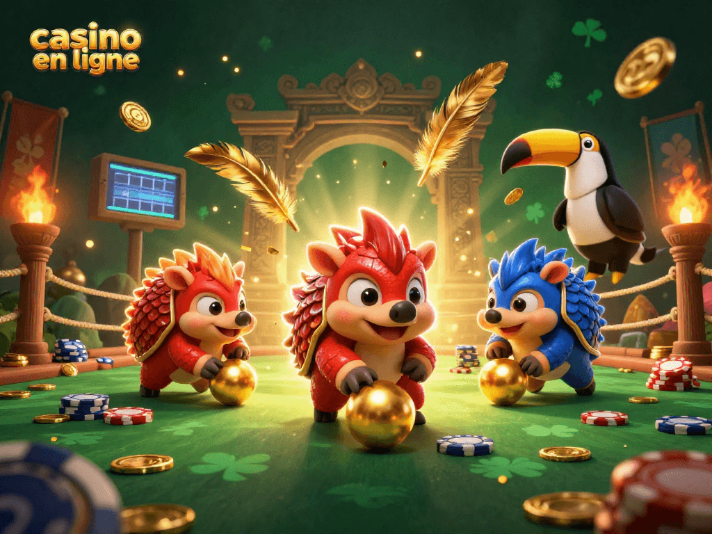 Les pangolins s'affrontent, jouant au casino en ligne avec des jetons et des échelles dorées.