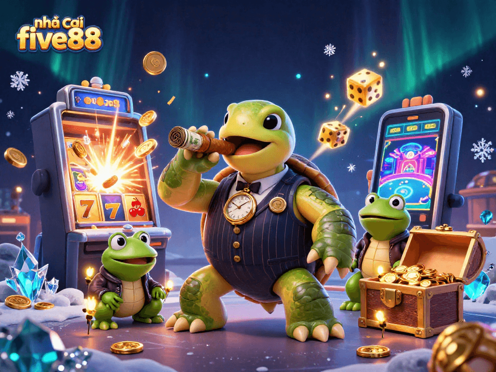 Engage with thrilling gaming at nhà cái five88, featuring a dynamic casino scene with engaging characters and vibrant symbols.