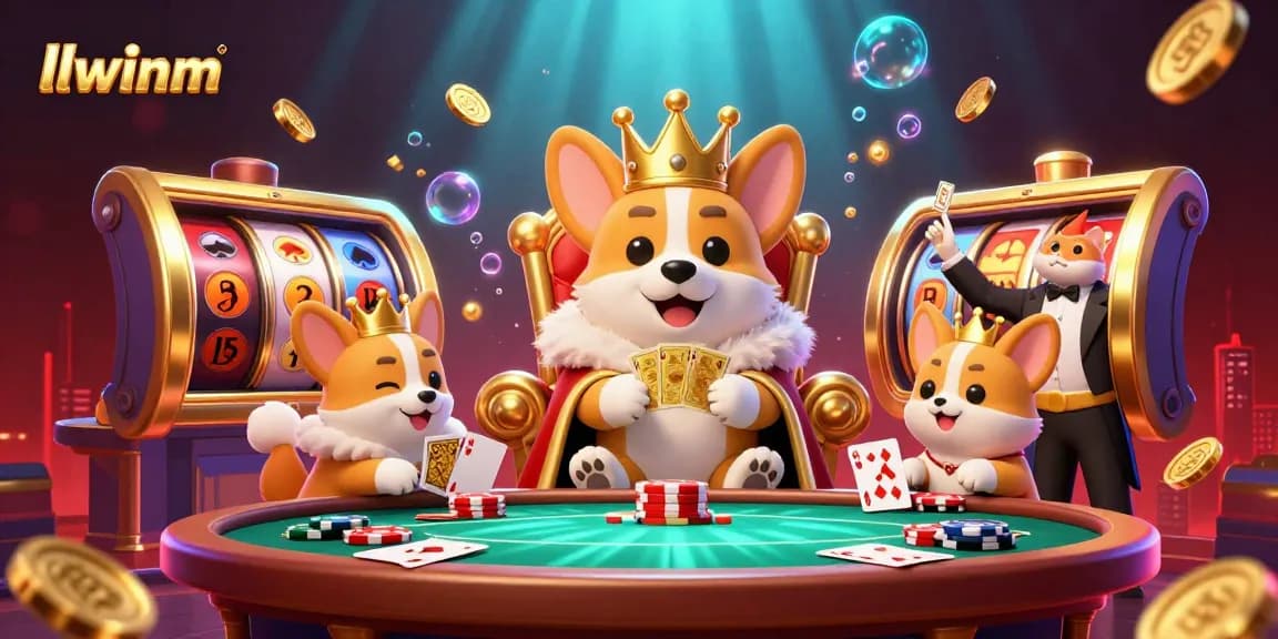 Win big with llwinm in a playful casino scene featuring royal corgi and poker elements.