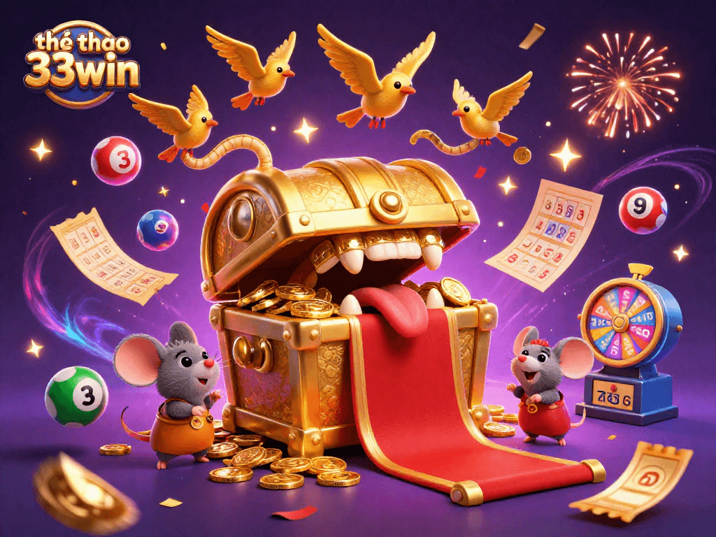 Thể thao 33win features a vibrant 3D illustration of a treasure chest drawing in adventurous mice for exciting lottery experiences.