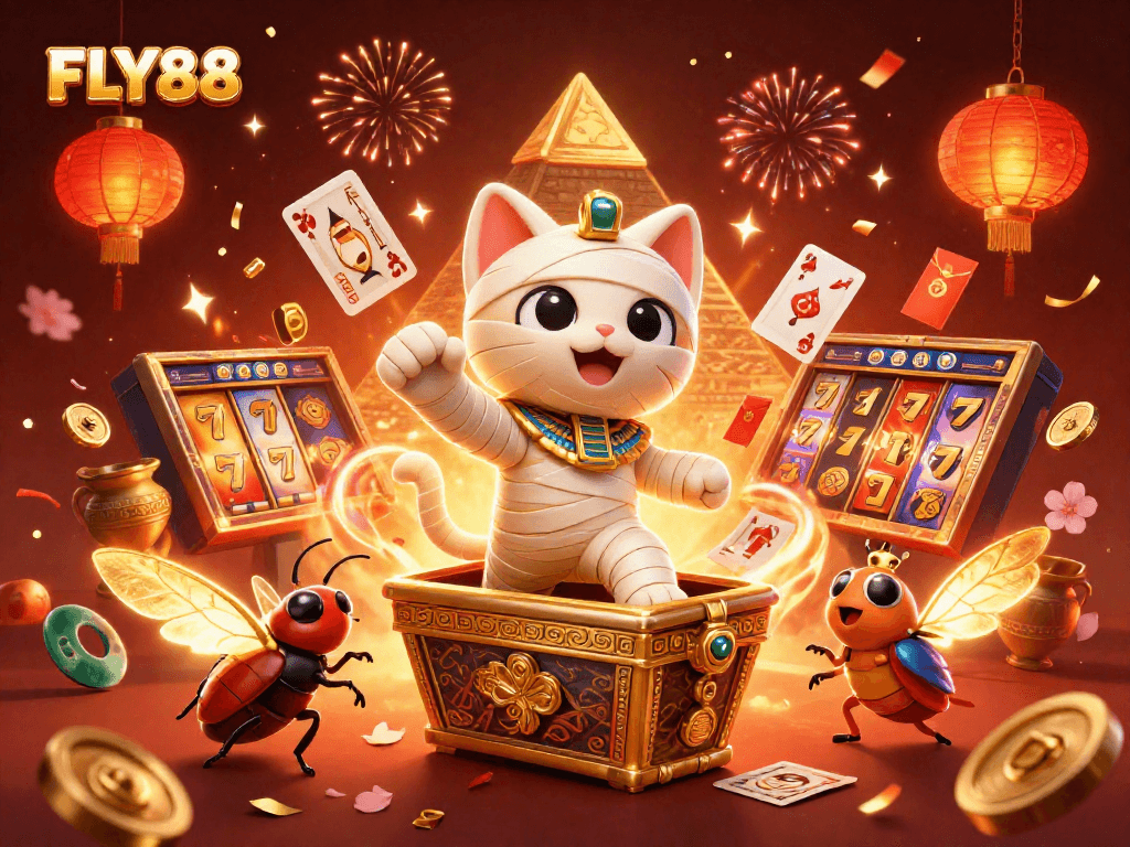 FLY88 brings excitement with a 3D cartoon Egyptian mummy cat and glowing scarab beetle amidst vibrant casino elements.