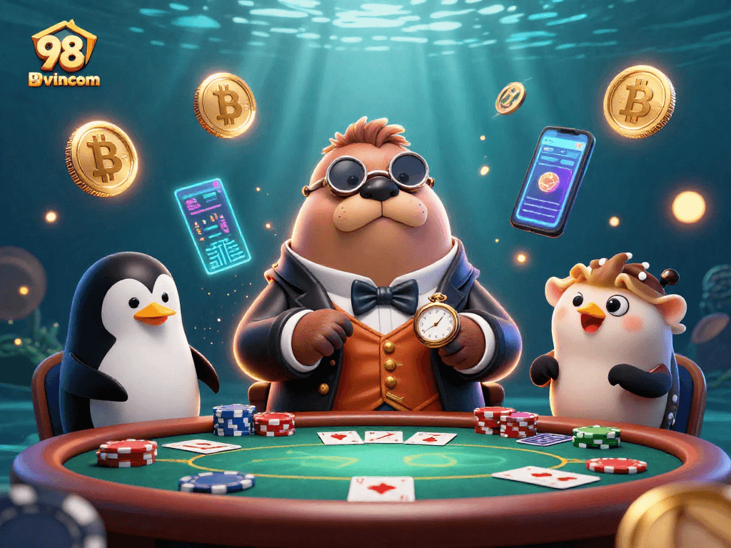 98wincom showcases a lively poker game with crypto elements and unique underwater characters.