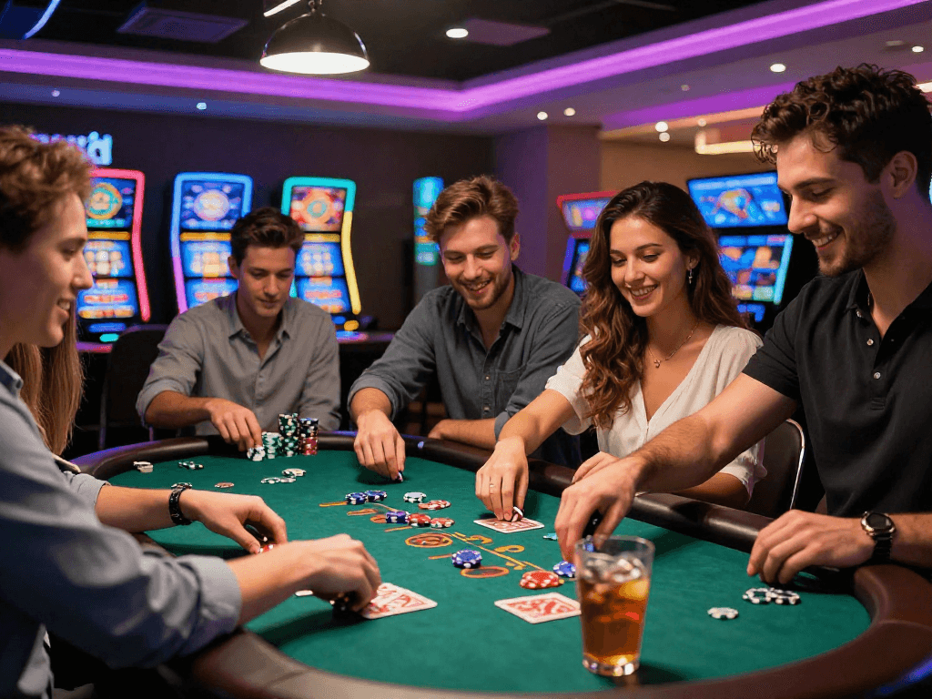 Scène de casino en ligne avec des joueurs heureux jouant à des jeux variés dans un environnement moderne et vivant, mettant en valeur l'excitation du jeu.