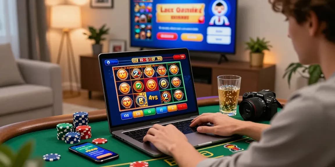 Scène de joueur au meilleur casino en ligne France, jouant sur un ordinateur portable avec des jetons et des promotions visibles.