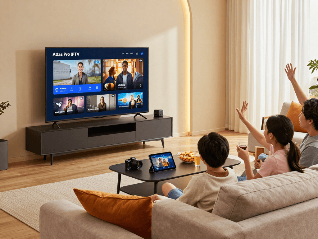 Famille profitant d'Atlas Pro sur Smart TV dans un salon confortable.