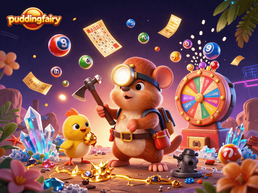 Join the action at puddingfairy with a treasure hunter and lottery elements in a vibrant casino scene.