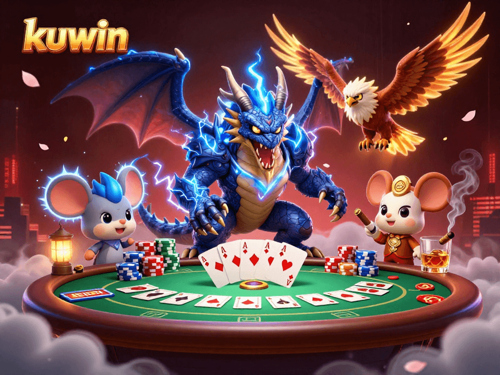 Kuwin video game scene featuring a thunder dragon and poker elements amidst vibrant casino atmosphere.