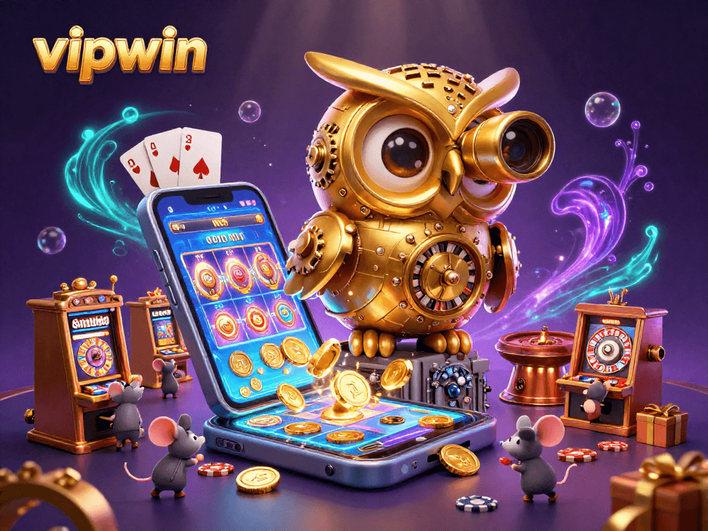 Experience the thrill of vipwin with a vibrant casino scene featuring a golden owl and dynamic gaming elements.