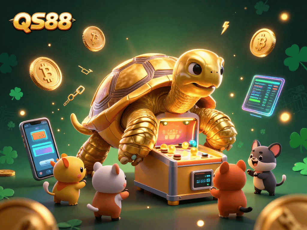 Engage in thrilling gameplay with QS88's vibrant 3D illustration featuring a colossal tortoise pinball machine.
