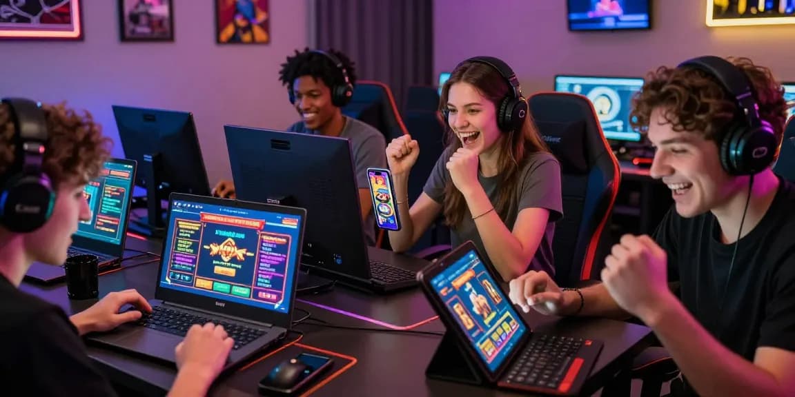 Ambiance d'un casino crypto en ligne, joueurs enthousiastes avec des ordinateurs portables, tablettes et smartphones, entourés de jeux colorés.
