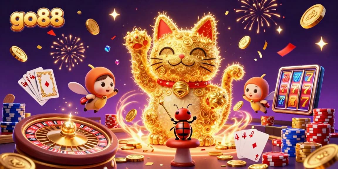 Engage in exciting gameplay at go88 with a vibrant 3D illustration featuring a lucky cat, fireflies, and casino symbols.