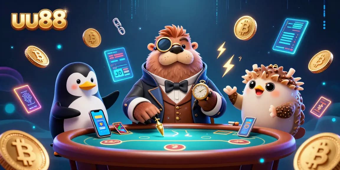 Play poker at uu88 with a jolly walrus, a penguin dealer, and a bluffing pufferfish amidst cryptocurrency elements.