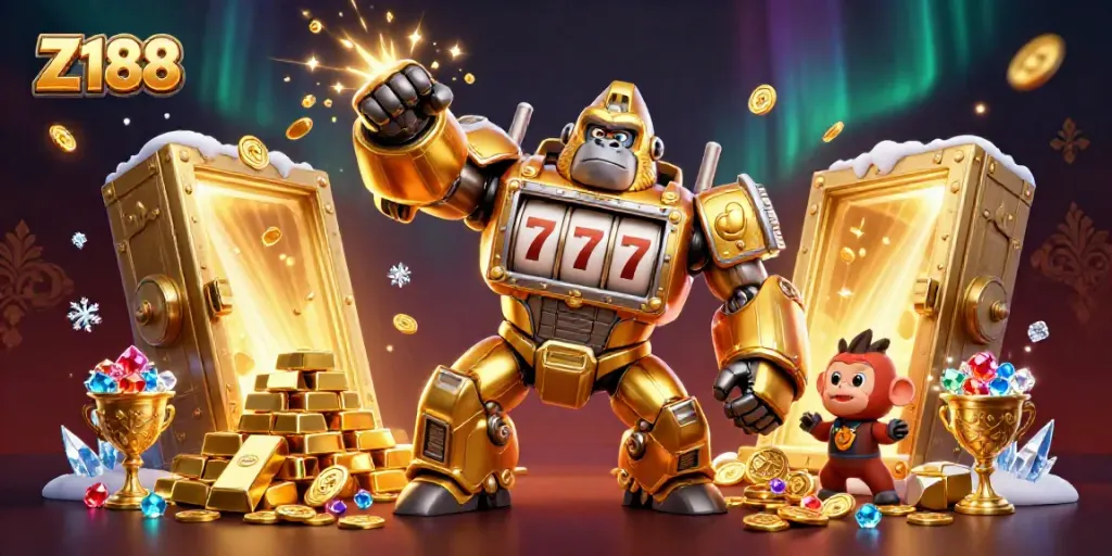 Engage with Z188's thrilling online casino experience featuring vibrant gold and gem elements.