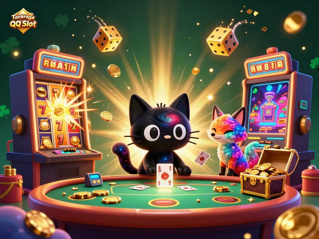 Engage in Taruhan Olahraga QQ Slot with a vibrant, cosmic illustration featuring a black hole cat and nebula fox at a casino.