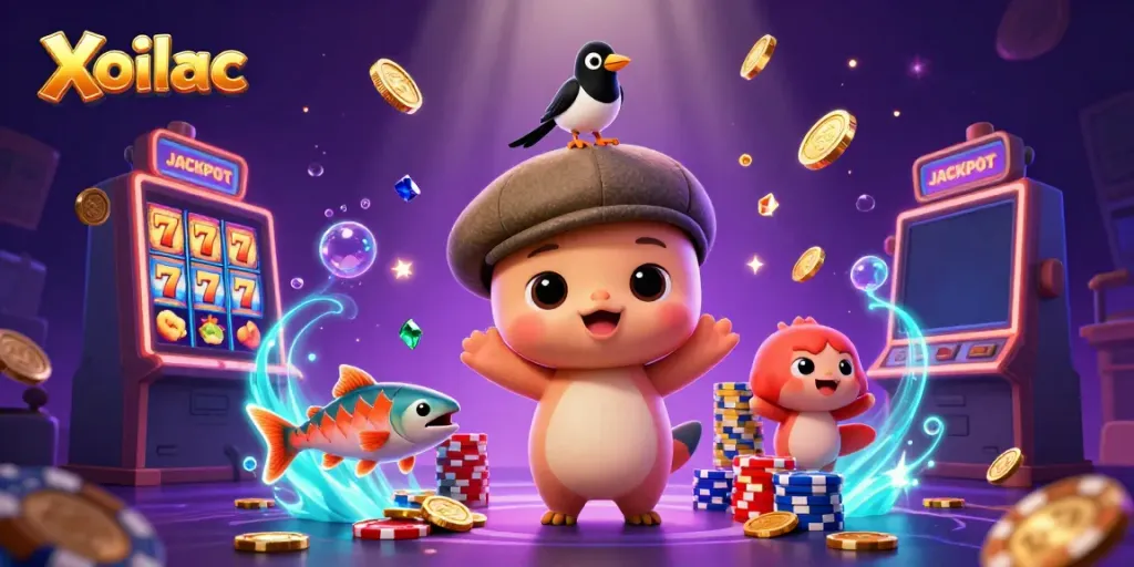 Engaging 3D illustration showcasing Xoilac with baby Nessie, gold coins, and slot reels, evoking excitement.