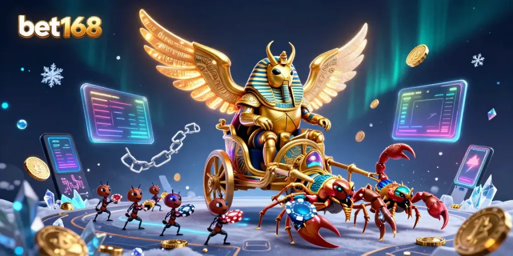 bet168 features a colossal scarab beetle in a dynamic casino scene with glowing coins and poker chips, showcasing excitement.