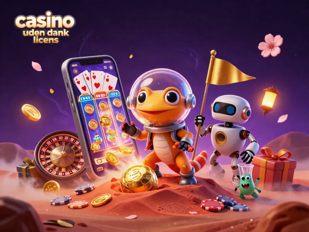 Casino uden dansk licens scene with a Martian gecko, casino elements, and alien bacteria cheering