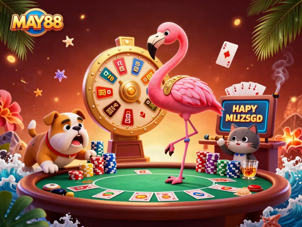 MAY88 showcases interactive betting excitement with vibrant characters at a casino scene.