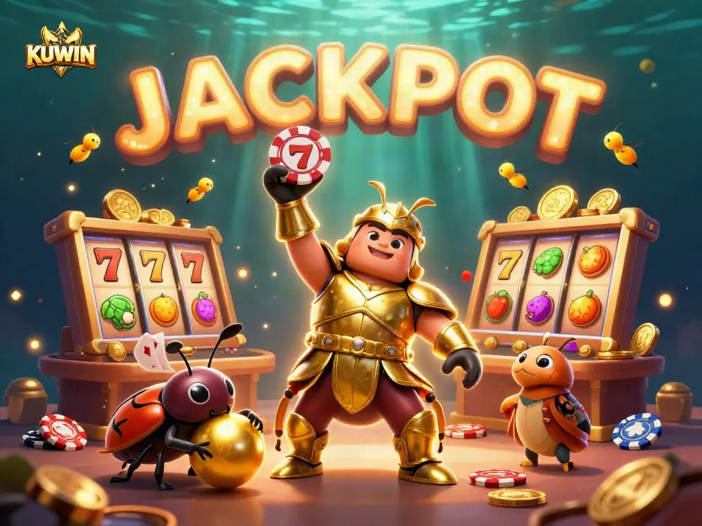 Engage with KUWIN’s thrilling jackpot slots experience featuring vibrant 3D characters and casino elements.