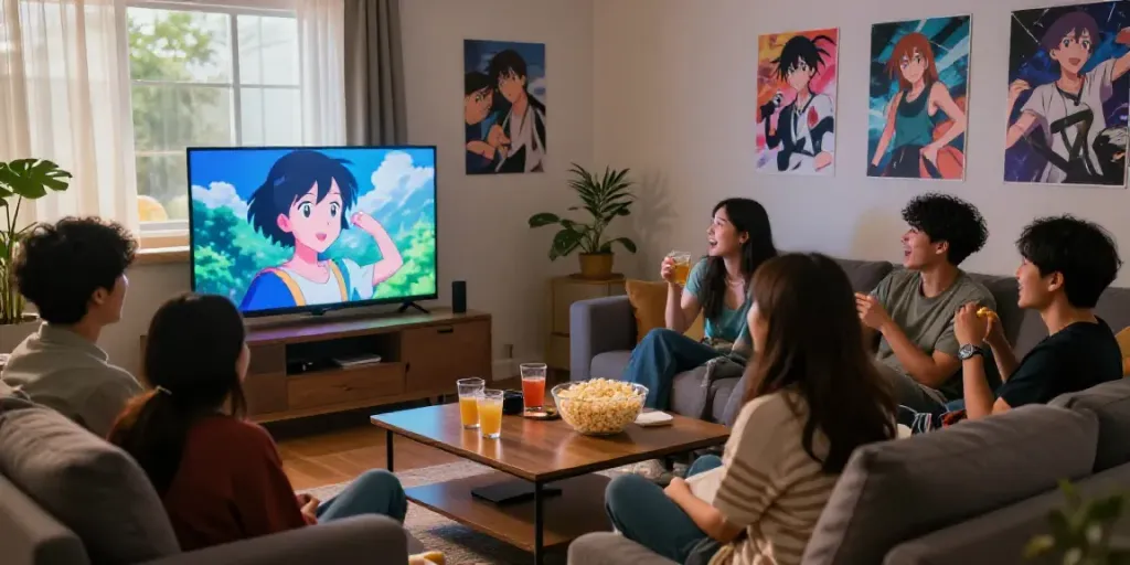 Un groupe d'amis regardant des films avec l'application Senpai Stream dans un salon convivial.