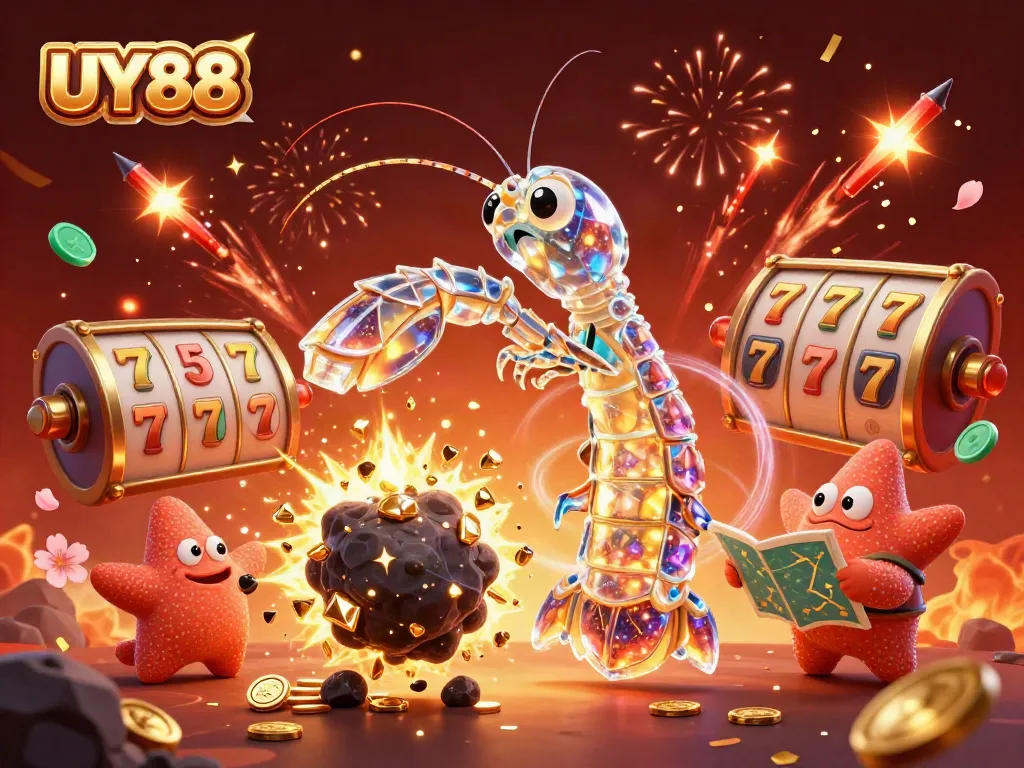 Experience the thrilling essence of UY88 with a vibrant 3D galactic scene showcasing a samurai mantis shrimp amidst casino excitement.