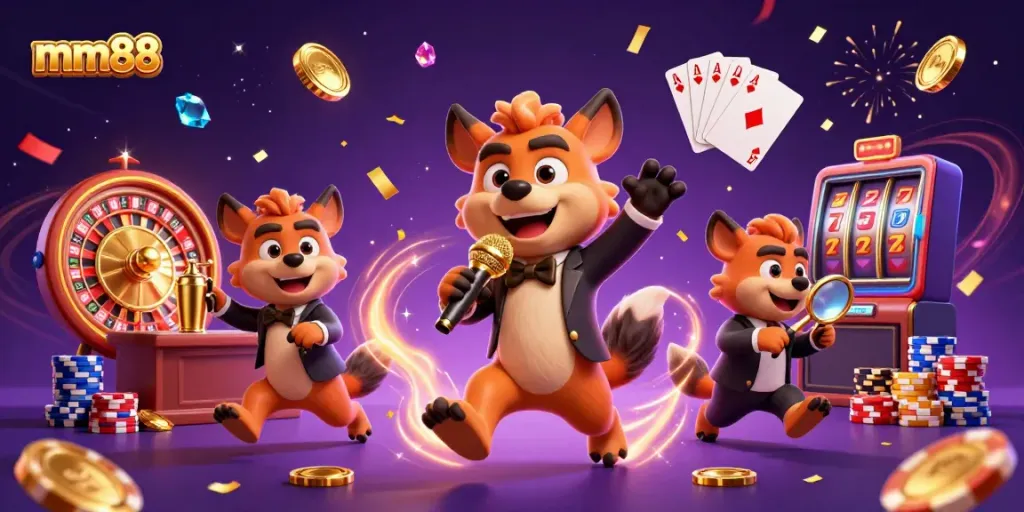 Experience the excitement of mm88 with a vibrant 3D casino scene featuring animated hyenas in a comedy club.