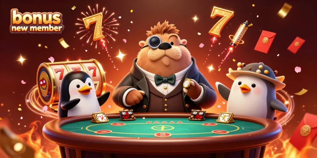 Engage with the bonus new member experience at our vibrant underwater poker scene featuring a walrus, penguin, and pufferfish.