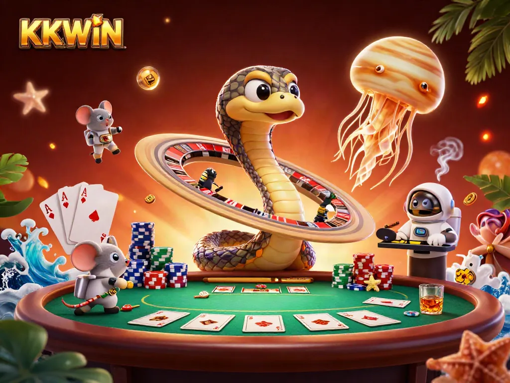KKWIN highlights a vibrant casino scene with a cosmic theme and betting astronauts.