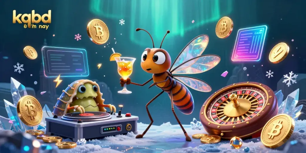 Engage with kqbd hôm nay featuring a frozen mosquito mascot and a trilobite DJ in a vibrant casino scene.