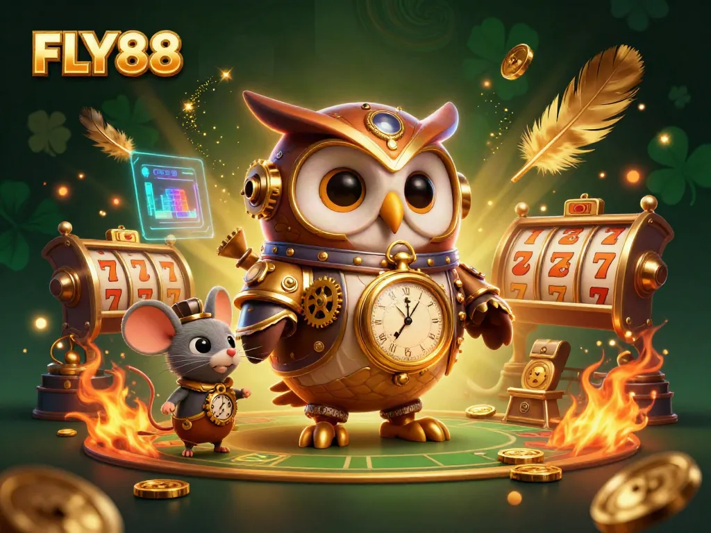 Experience the excitement of FLY88 with an animated casino adventure featuring an owl and mouse amidst vibrant gaming elements.