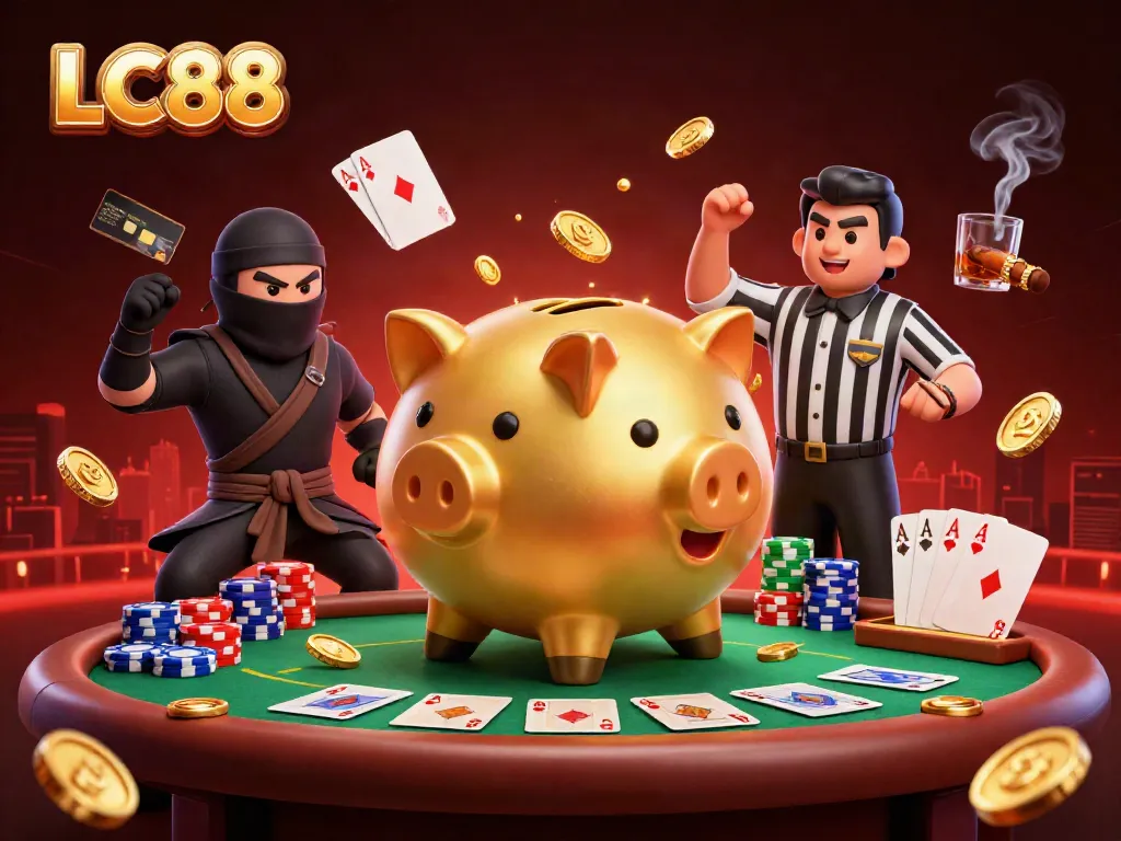 Engage with dynamic LC88 gaming action featuring sumo wrestler, ninja, and samurai at a poker table.