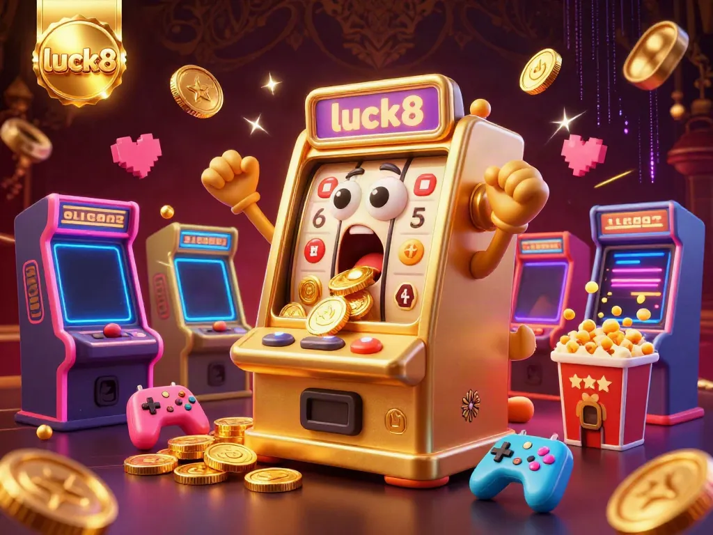 Engage with the excitement of luck8 as the joyful slot machine hits the jackpot, surrounded by cheering baby slots and game elements.