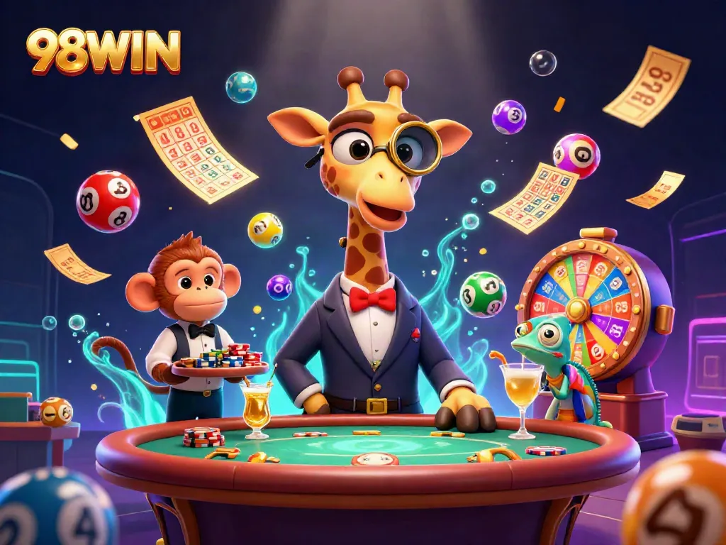Engage with thrilling 98WIN lottery excitement, vibrant balls bounce, and cocktails mix in this lively casino scene.