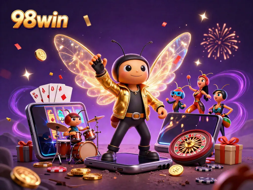 Experience 98win's vibrant casino scene featuring dynamic characters and exciting game elements.