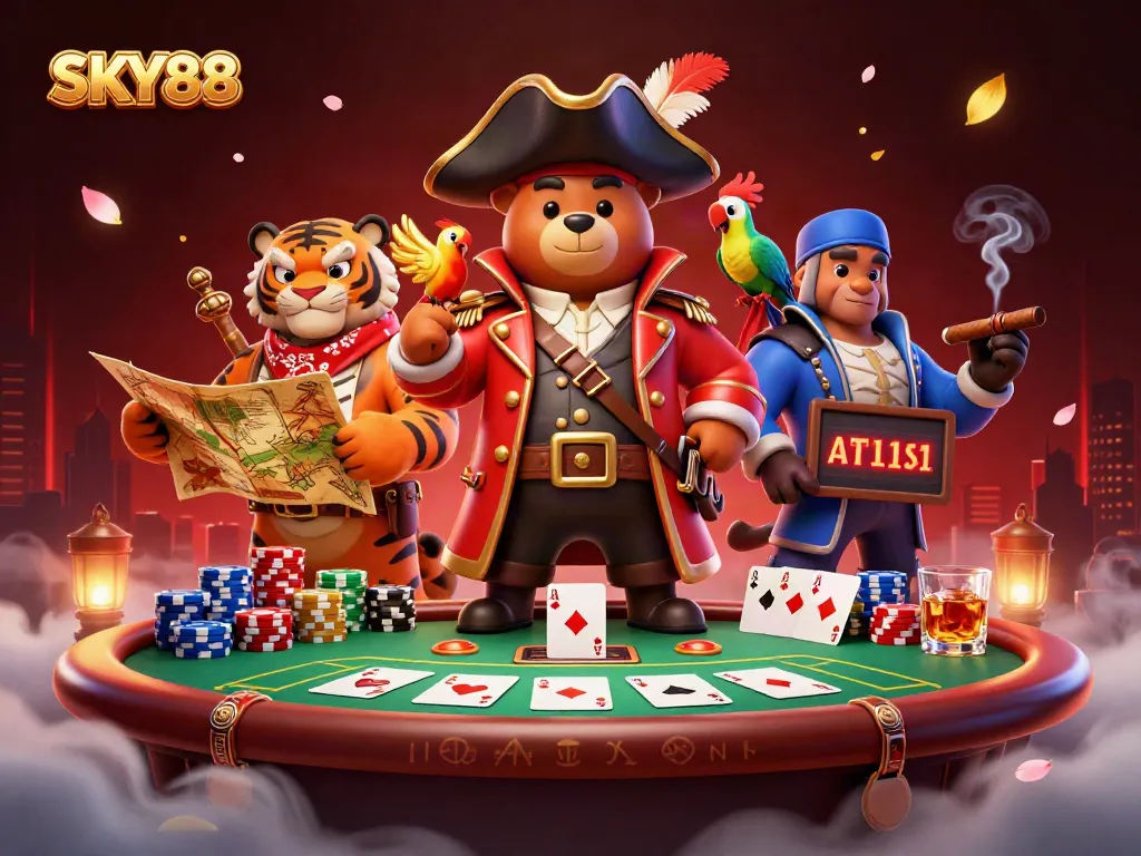 Engage with SKY88 for thrilling poker action amidst vibrant casino elements in a stunning 3D scene.