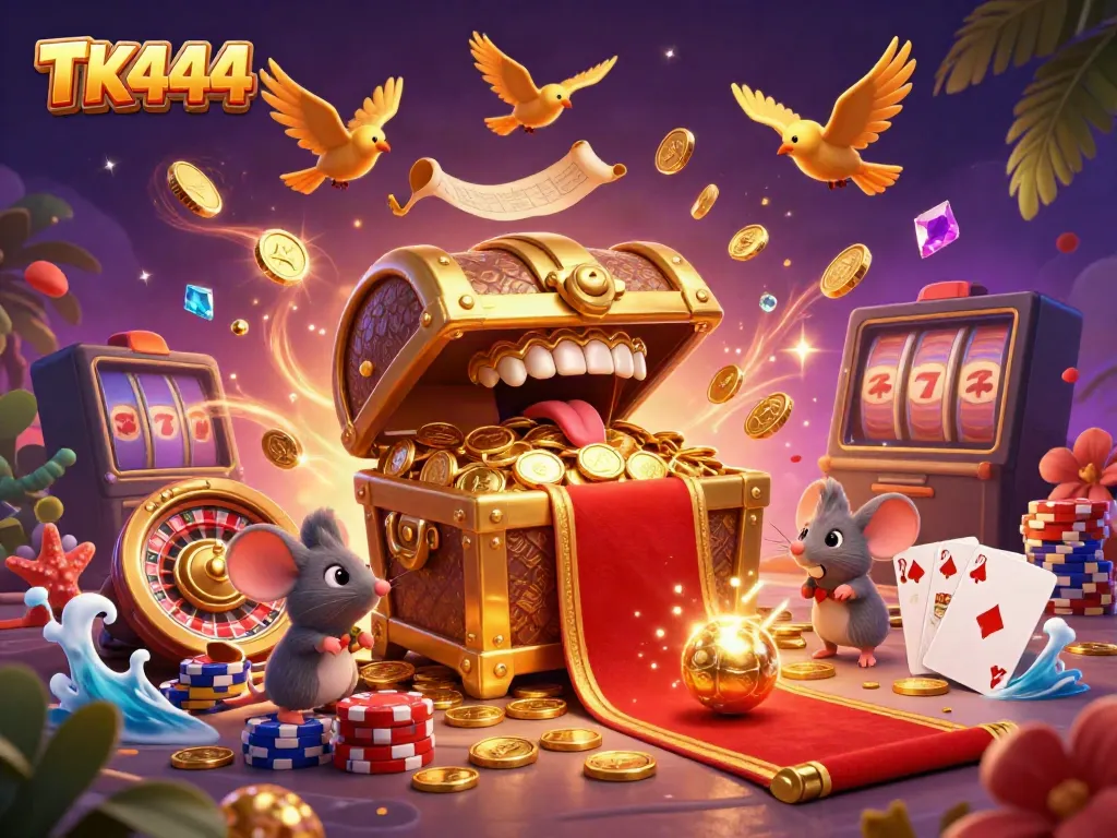 Experience the thrill with TK444, featuring a treasure chest and casino elements in a captivating scene.
