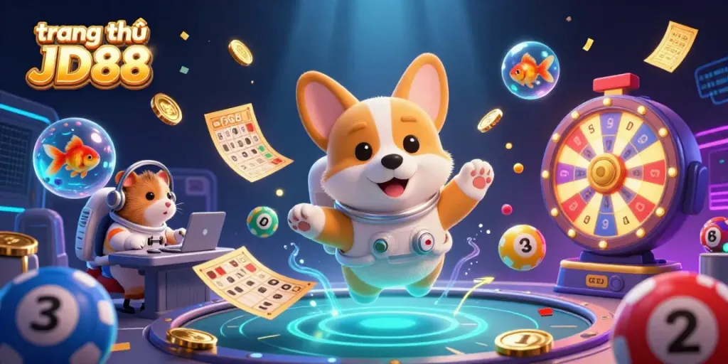 Experience excitement at trang chủ JD88 with a dynamic casino scene featuring playful characters.