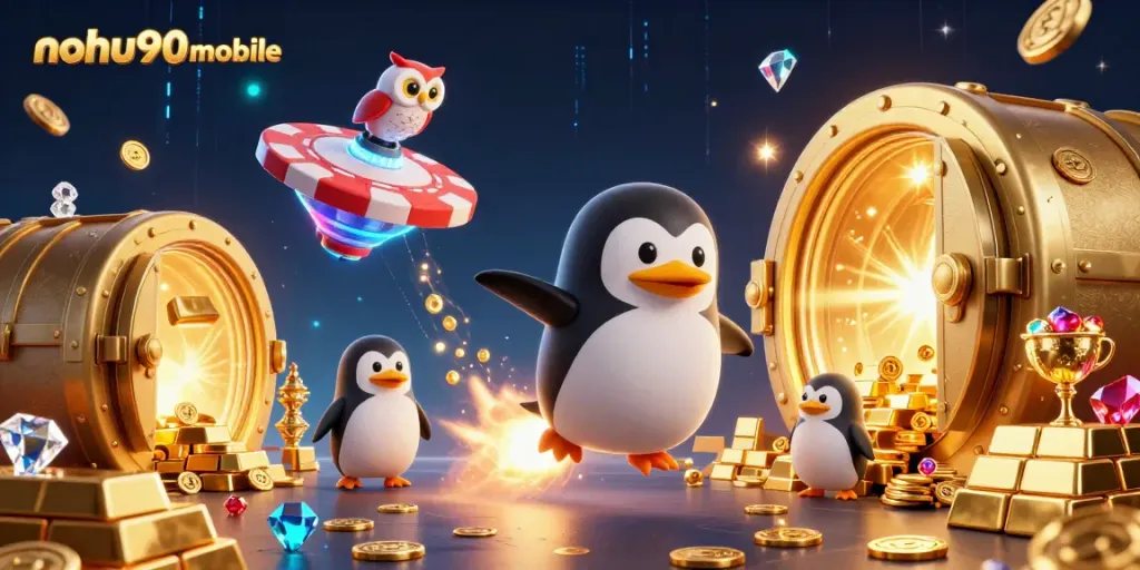 Witness the golden penguin of nohu90mobile soaring towards casino riches in a vibrant cosmic setting.