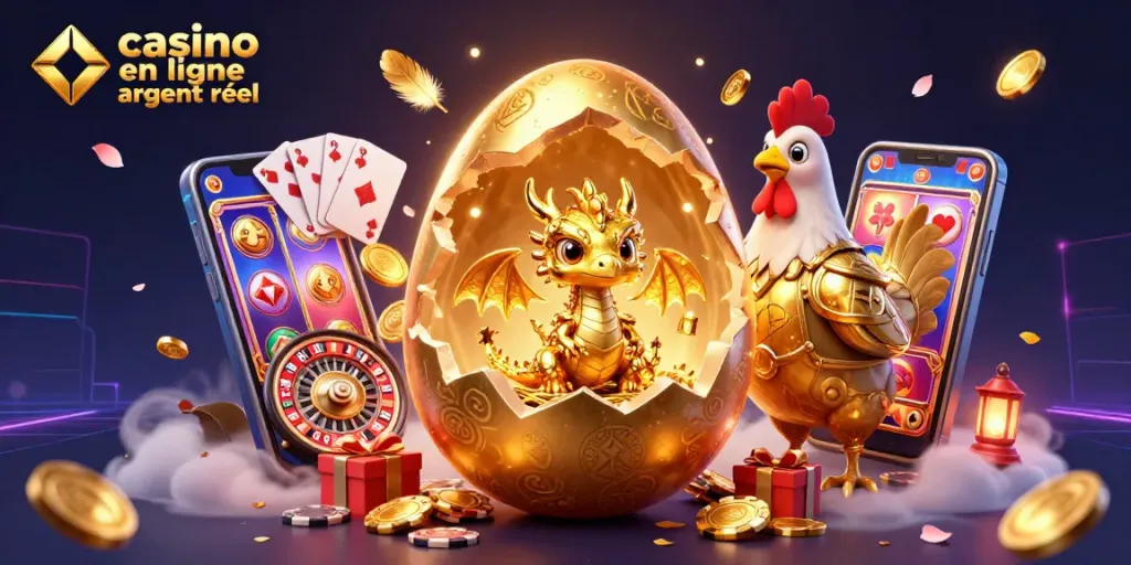 Jouez dans un casino en ligne argent réel avec une illustration d'un dragon doré sur des jetons de poker.