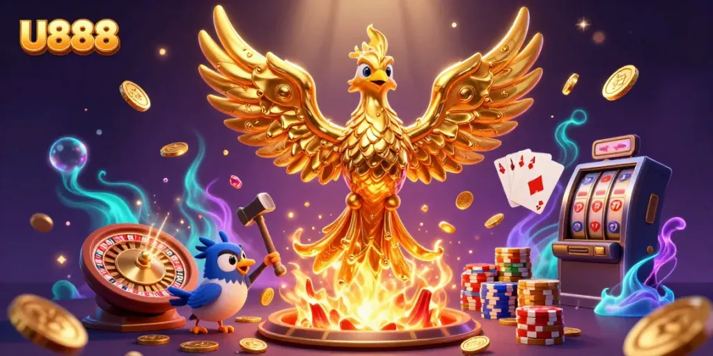 Experience U888 with a 3D golden phoenix and casino elements creating an exciting gaming atmosphere.