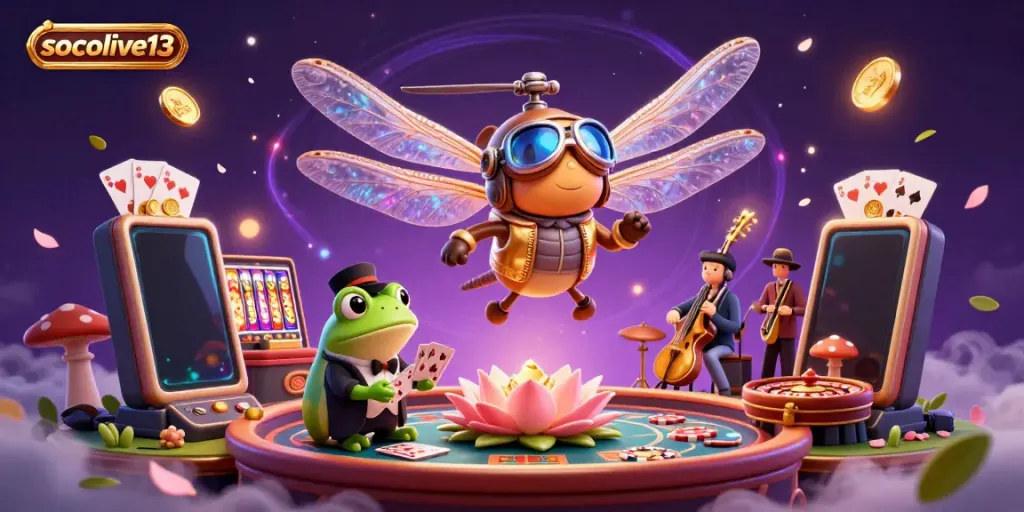 Socolive13 showcases a vibrant casino scene with a dragonfly pilot and frog croupier in action.