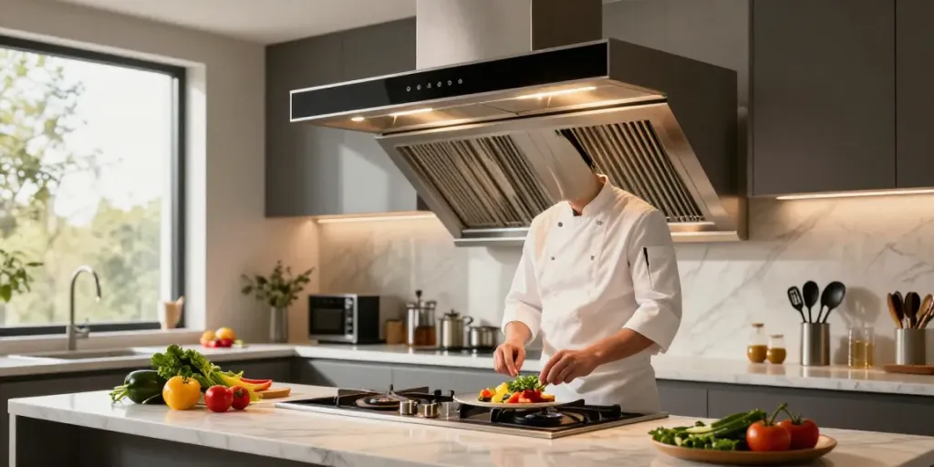 Hotte inclinée élégante dans une cuisine moderne avec un chef préparant un plat gourmet.