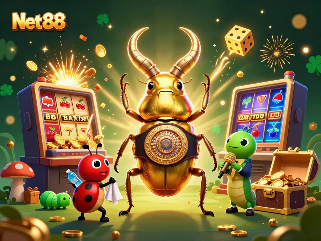 Win big at Net 88 with this vibrant scene featuring a champion stag beetle amidst explosive casino action.