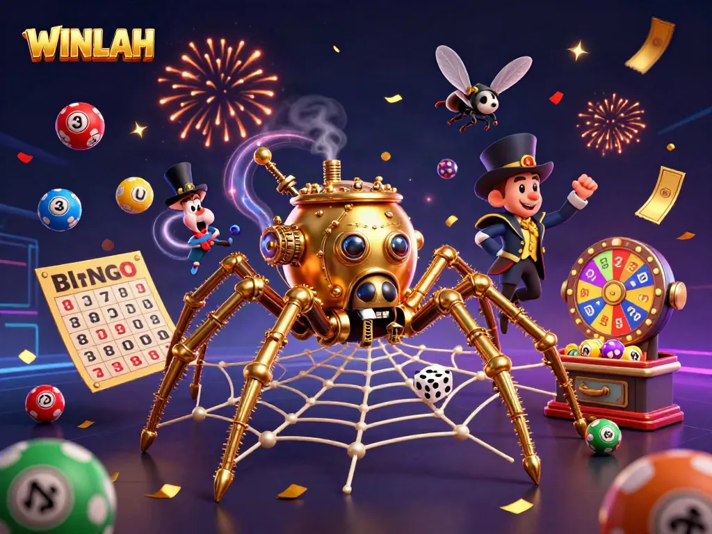 WINLAH's vibrant online gambling world with steampunk elements, catchy colors, and celebratory effects.