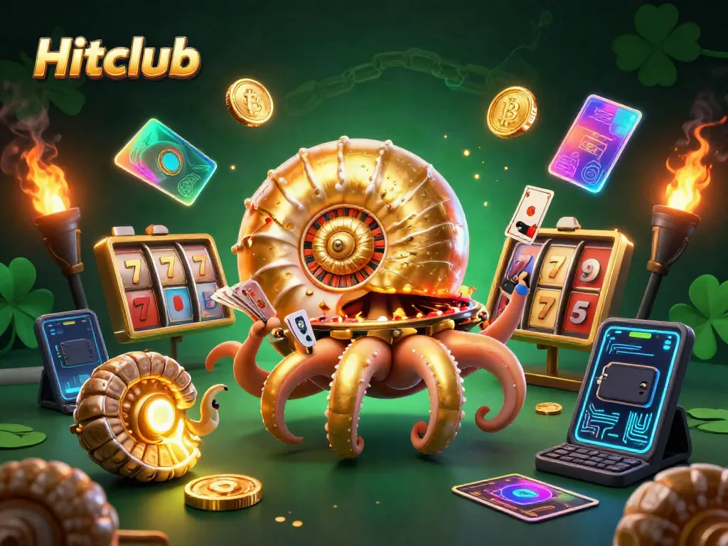 Experience the excitement of Hitclub's vibrant casino scene with a golden nautilus roulette wheel and glowing game elements.